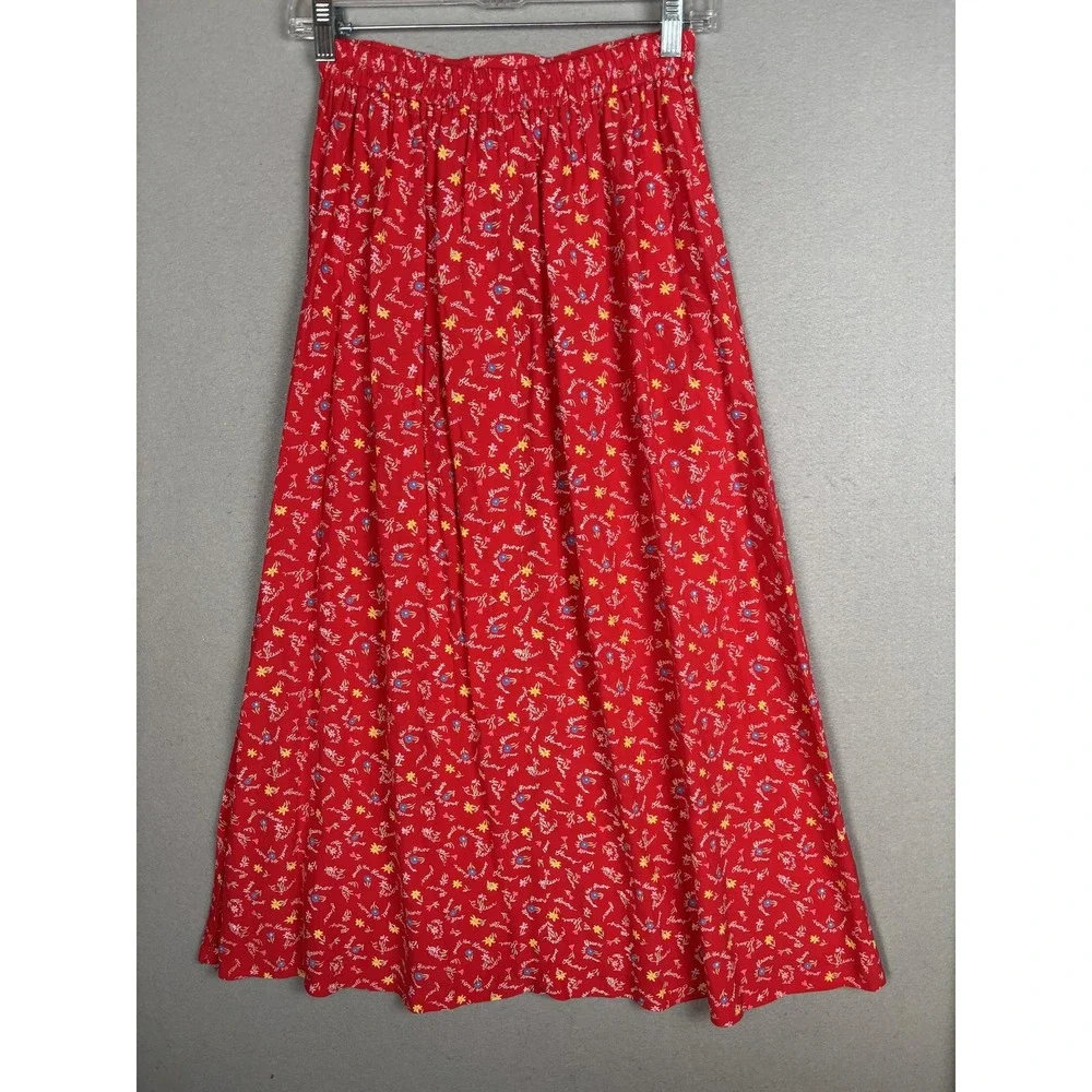 Ali Miles Skirt Womens Petite Small Red Floral Rayon A Line Pull On Midi Boho